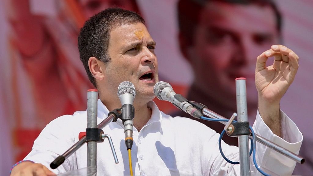 Congress President Rahul Gandhi addresses a public meeting in Chitrakoot.