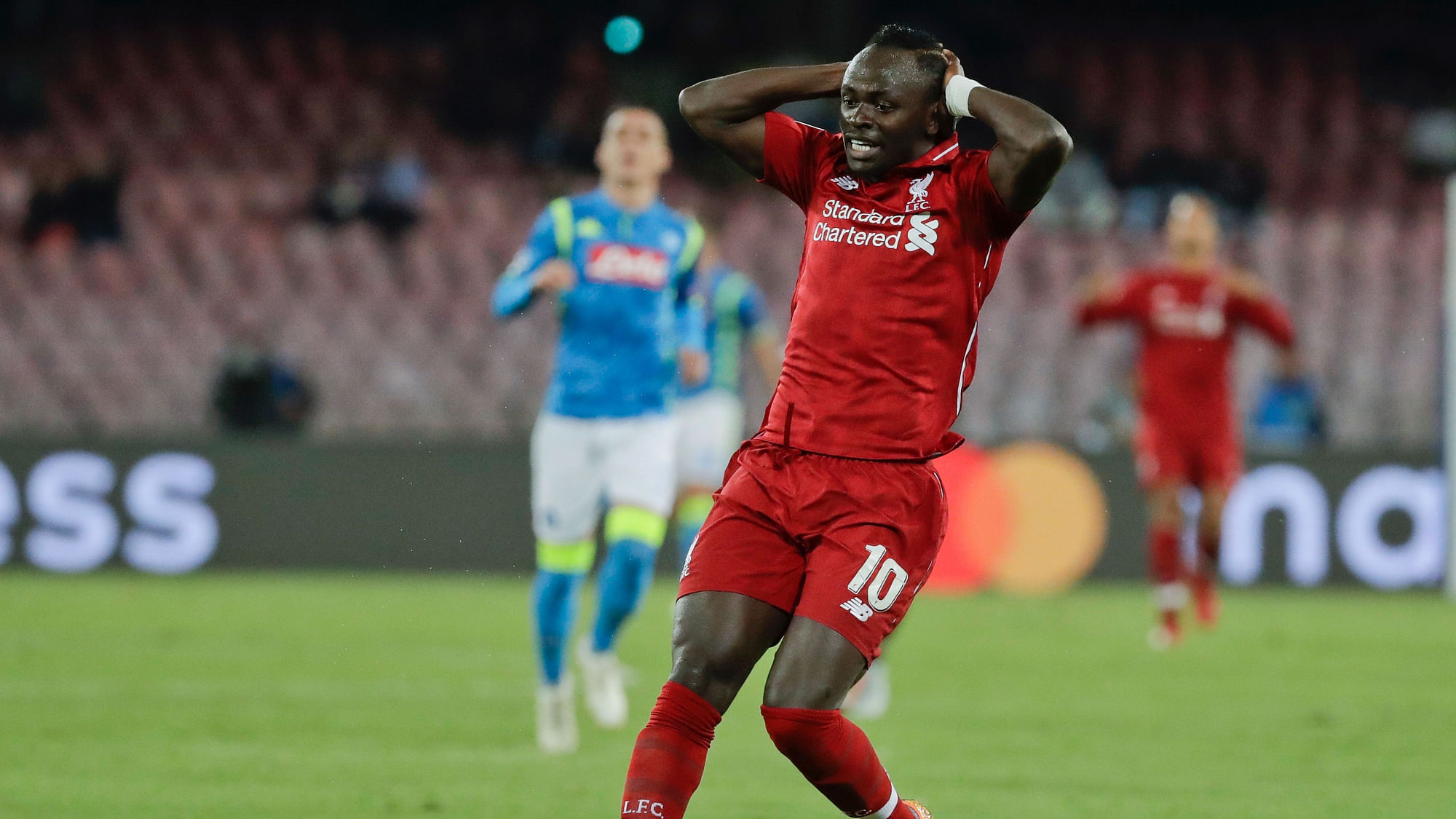 Liverpool midfielder Sadio Mane reacts during the Champions League match against Napoli.