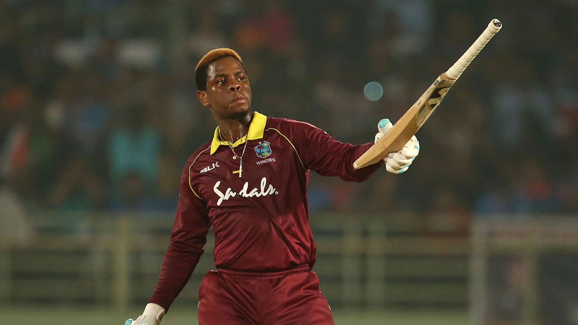 West Indian batsman Shimron Hetmyer seen celebrating a half-century during his team’s second ODI against India at Visakhapatnam.