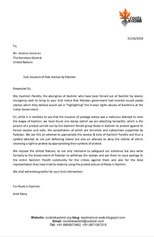 Roots in Kashmir’s letter to UN Secretary General.