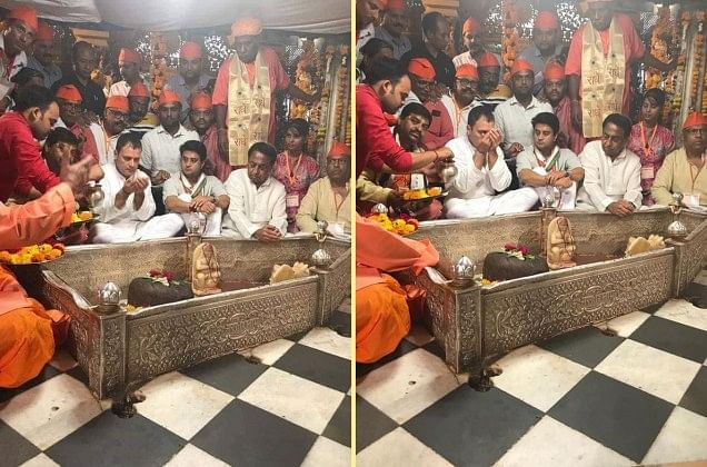 As can be seen clearly, Rahul Gandhi is not offering namaz but taking the temple offering from the priest. 