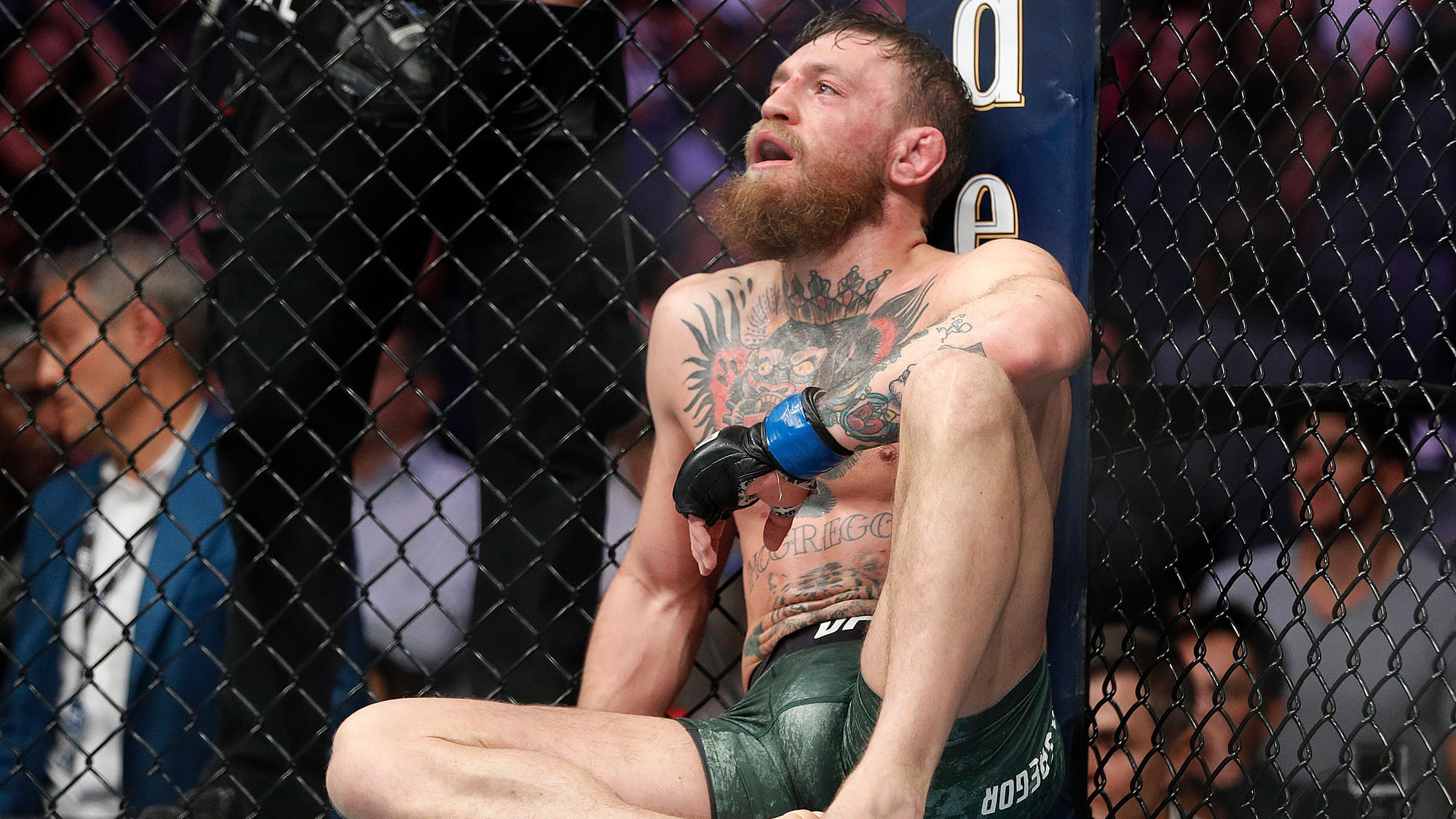 Conor McGregor reacts after losing to Khabib Nurmagomedov in a lightweight title mixed martial arts bout at UFC 229 in Las Vegas.