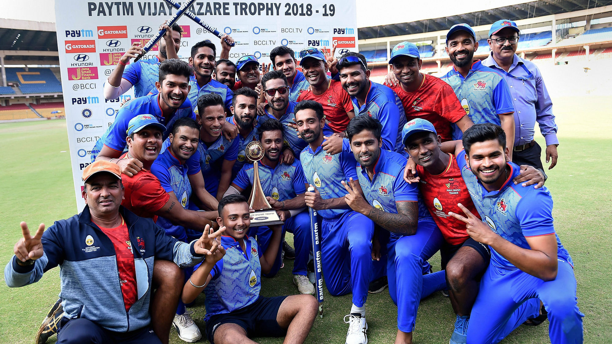 Mumbai went from tottering at 40-4 to defeating Delhi by 4 wickets to bag their third Vijay Hazare Trophy title.