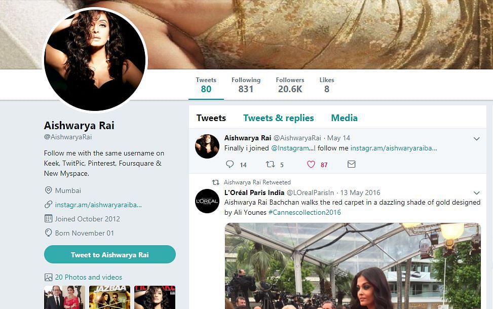  A Google search for Aishwarya Rai Bachchan’s official Twitter handle doesn’t yield any results. 