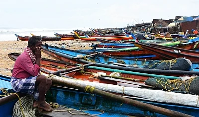 Fishing boats anchored on the Puri beach amid cyclonic storm Titli alert on 10 Oct 2018. 