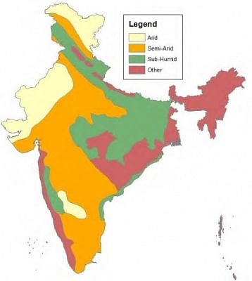 Land degradation within dryland regions is known as desertification. The map shows the dryland regions of India, which comprise 69 percent. Original source: National Bureau of Soil Survey and Land Use Planning, Bangalore. Map extracted from Desertification and Land Degradation Atlas of India.