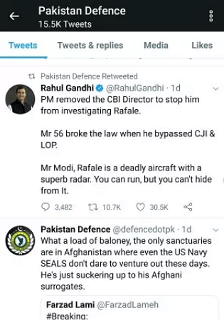 Congress President Rahul Gandhi’s post was retweeted by an online forum that discusses Pakistani defence issues.