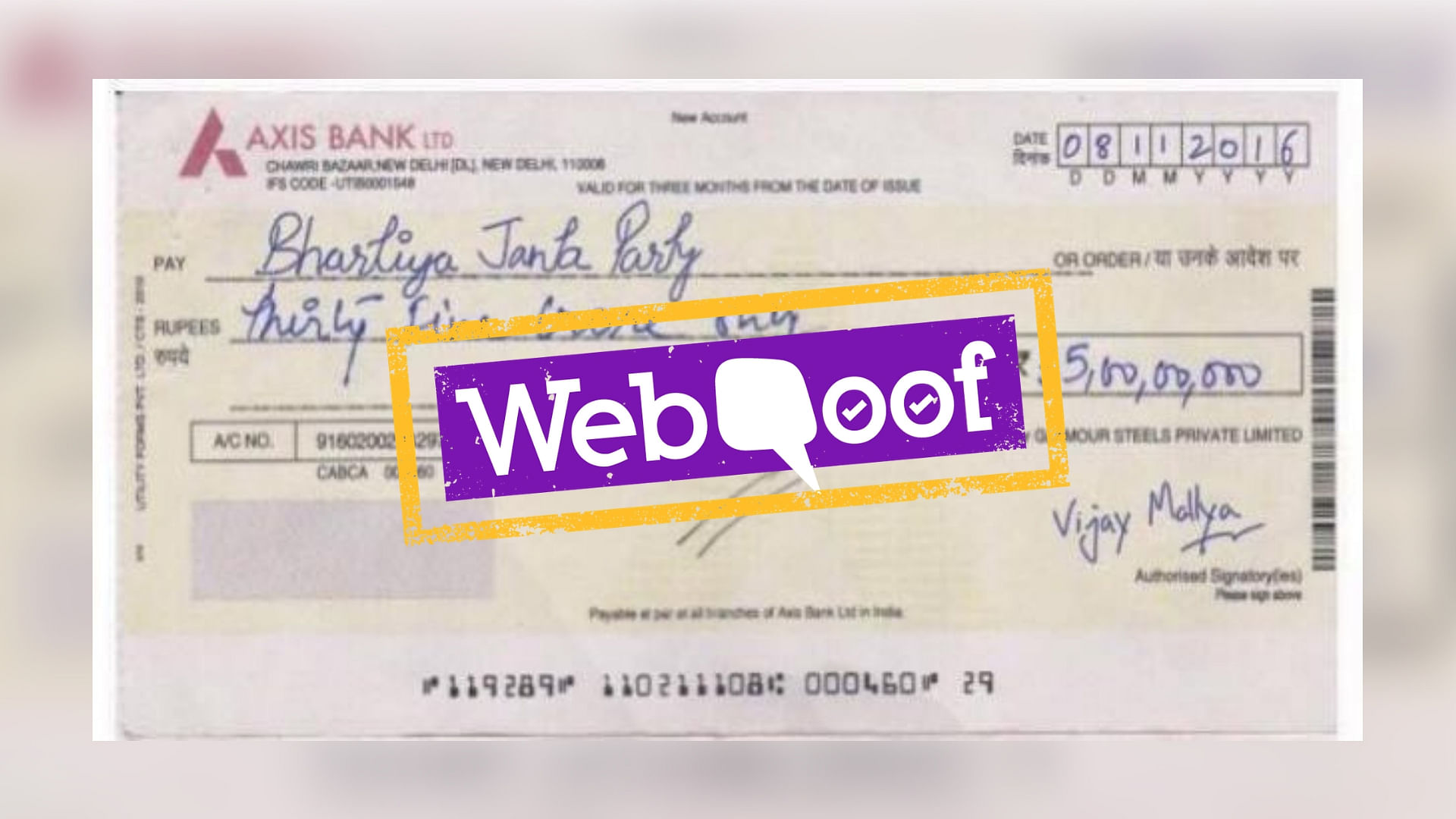 The cheque is a fabricated one and does not belong to Vijay Mallya. &nbsp;
