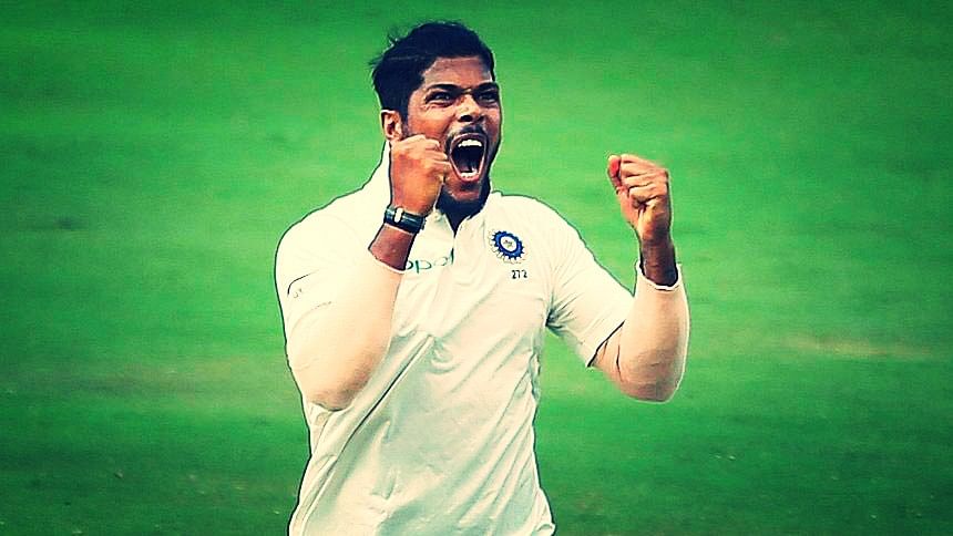 Umesh Yadav celebrates a wicket during the second Test against Windies.
