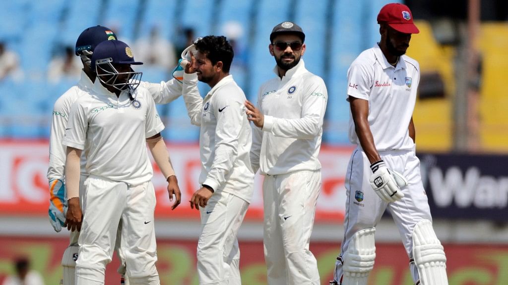 India beat West Indies by a record innings and 272 runs in the first Test in Rajkot.