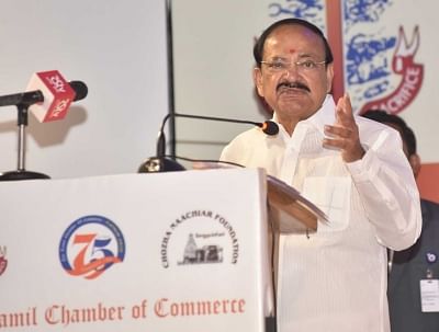 Chennai: Vice President M. Venkaiah Naidu addresses at the Platinum Jubilee Celebrations of Tamil Chamber of Commerce, in Chennai on Oct 11, 2018. (Photo: IANS/PIB)