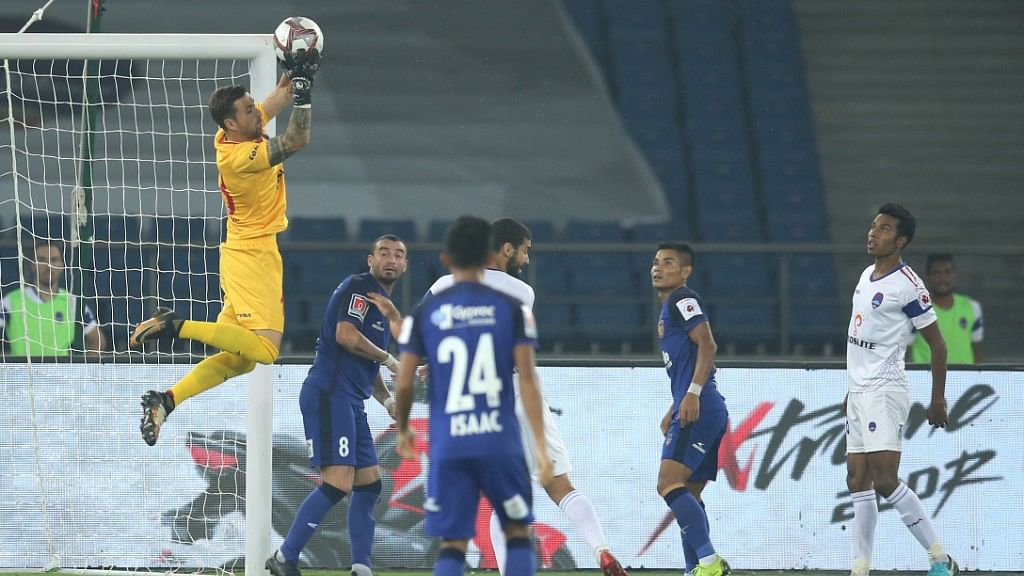 Francisco Dorronsoro Goalkeeper of Delhi Dynamos FC saves handful of goals during a match against Chennayin FC on Tuesday.