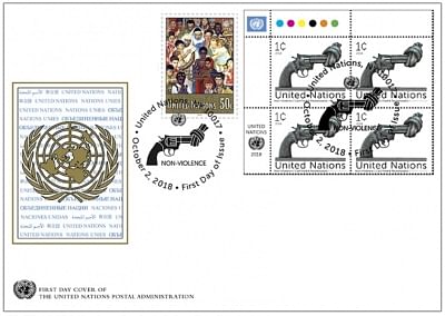 United Nations: The first day cover with the stamp issued by the United Nations Postal System for the International Day of Nonviolence depicting the Knotted Gun sculpture on the occasion of Gandhi Jayanti on, Oct. 2, 2018. (Photo: UN/IANS)