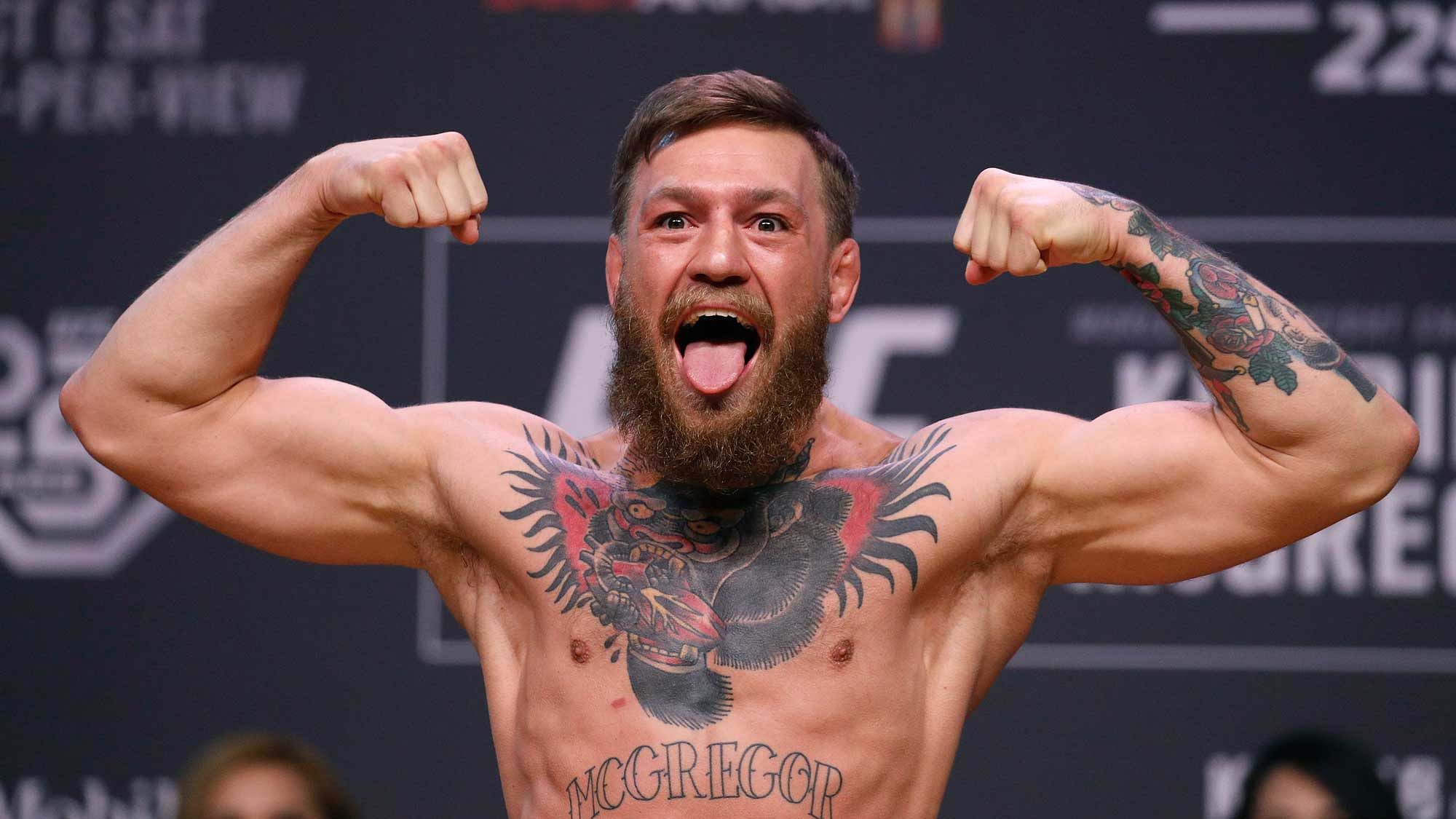 Conor McGregor poses during a ceremonial weigh-in for the UFC 229 mixed martial arts fight Friday, Oct. 5, 2018, in Las Vegas. McGregor is scheduled to fight Khabib Nurmagomedov Saturday in Las Vegas.&nbsp;