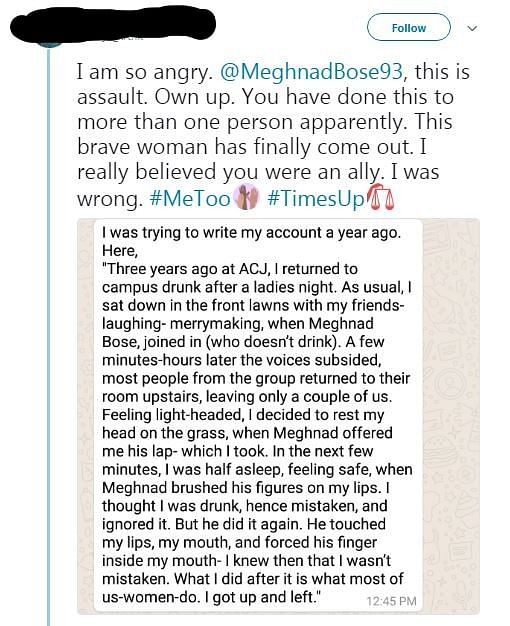 Senior reporter at The Quint Meghnad Bose has been accused of sexual harassment by atleast two women.