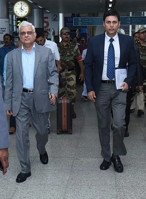 Hyderabad: Chief Election Commissioner O.P. Rawat and Telangana Chief Electoral officer Rajat Kumar arrive for a meeting with political parties, to review poll preparedness, in Hyderabad on Oct 22, 2018. (Photo: IANS)