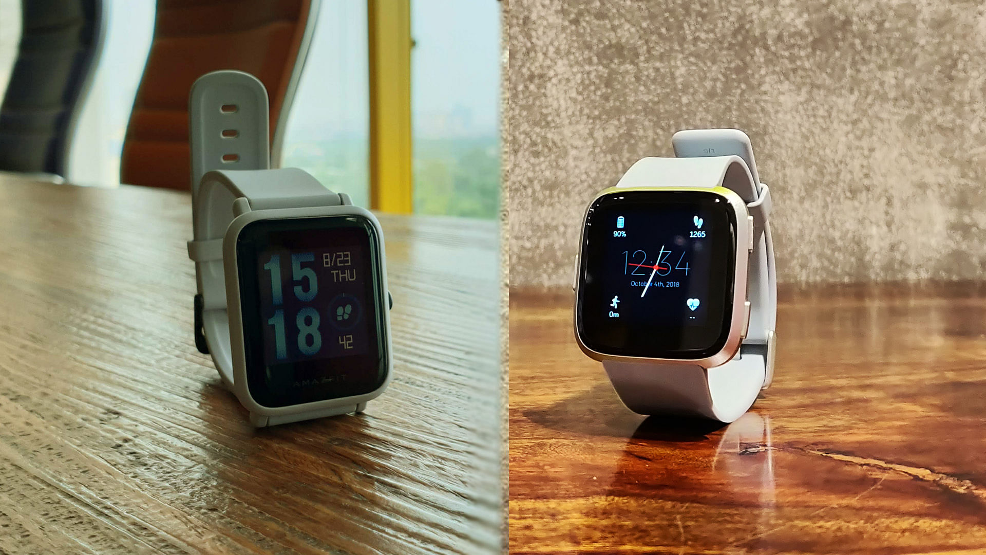 The Amazfit Bip (left) and Fitbit Versa (right).