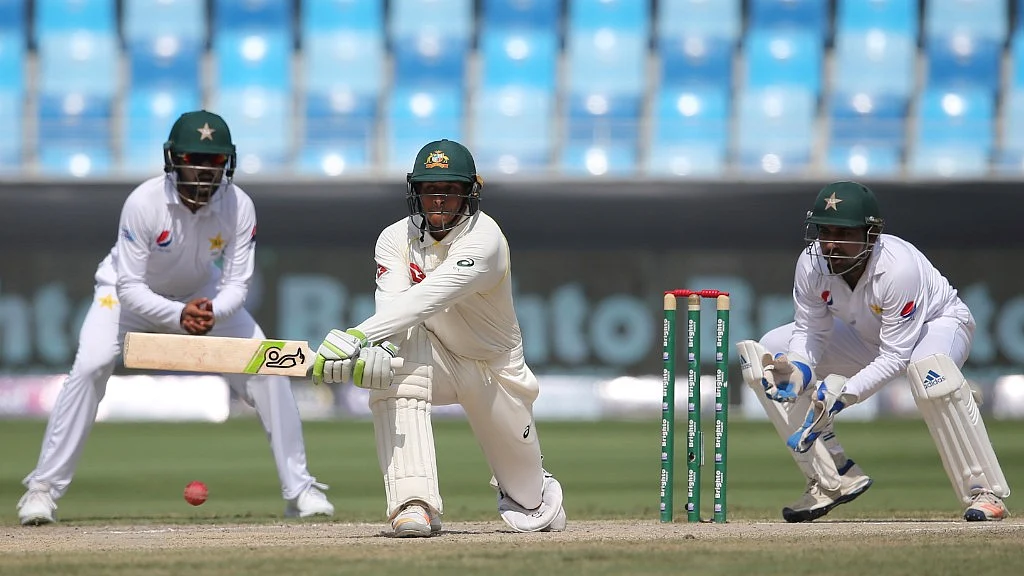Australia’s Usman Khawaja plays a shot during the test match against Pakistan in Dubai in UAE on Thursday.