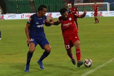 Chennai: Players in action during an ISL 2018 match between Chennaiyin FC and NorthEast United FC at Jawaharlal Nehru Stadium in Chennai on Oct 18, 2018. (Photo: IANS)