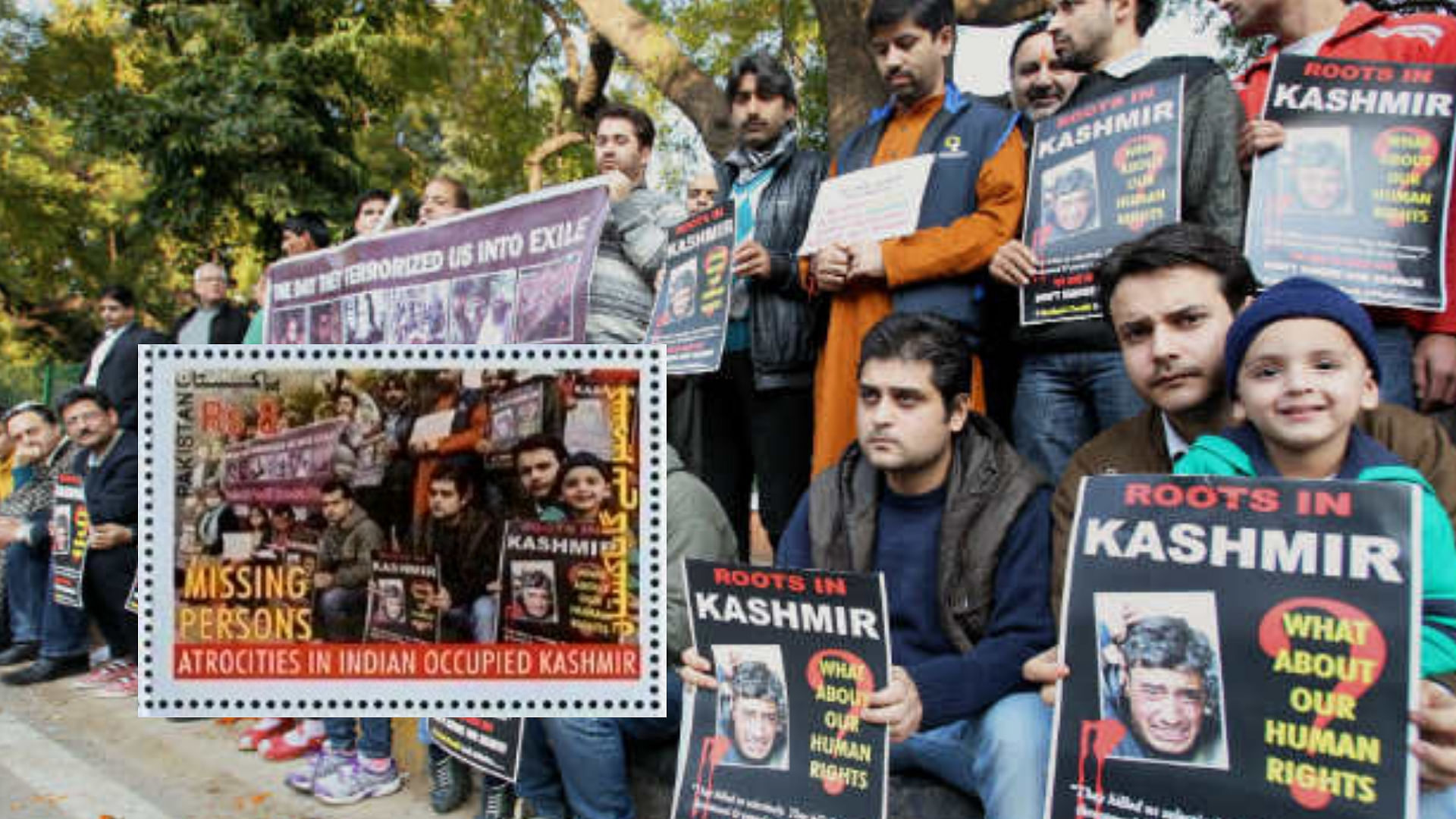 The picture in the stamp is from a protest organised by a Kashmiri Pandit group called  ‘Roots in Kashmir’. 
