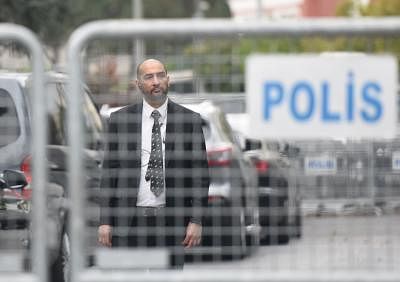 ISTANBUL, Oct. 20, 2018 (Xinhua) -- A security staff stands guard outside the Saudi consulate in Istanbul, Turkey, on Oct. 20, 2018. Preliminary investigations by the Saudi Public Prosecution showed missing journalist Jamal Khashoggi died after a fight at the Saudi consulate in the Turkish city of Istanbul, Saudi Press Agency (SPA) reported on Saturday. (Xinhua/He Canling/IANS)