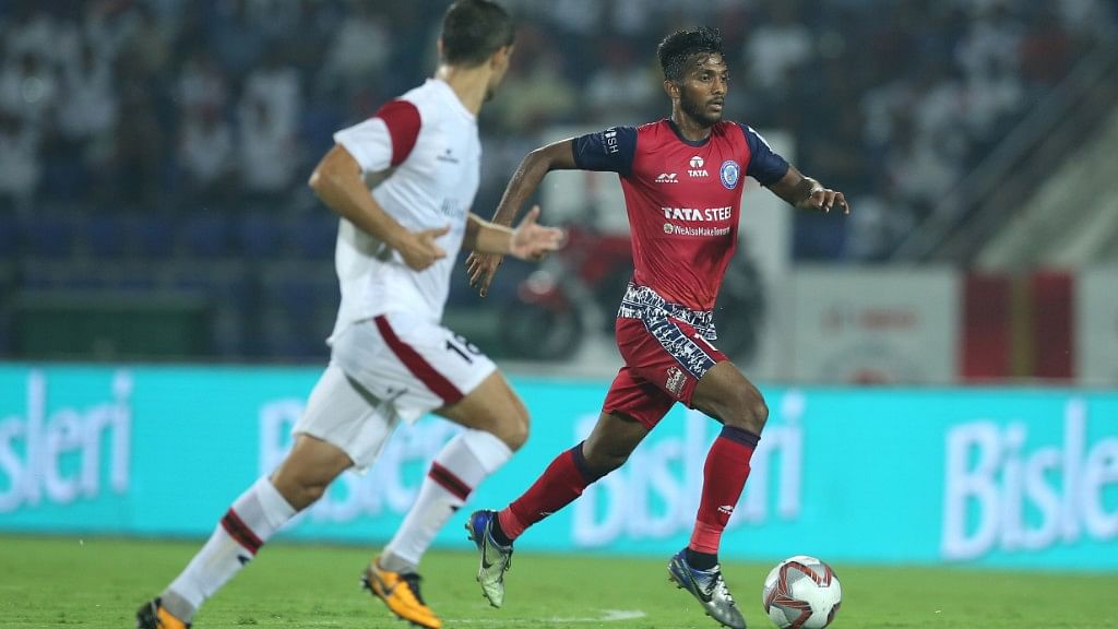 Farukh Choudhary of Jamshedpur FC takes first shot of the second half and scores a goal against NorthEast United FC in Hero ISL.