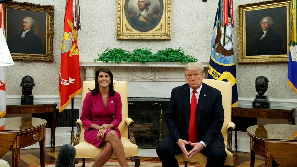 Nikki Haley and US President Donald Trump during their meeting at the Oval office where they announced Haley’s resignation.