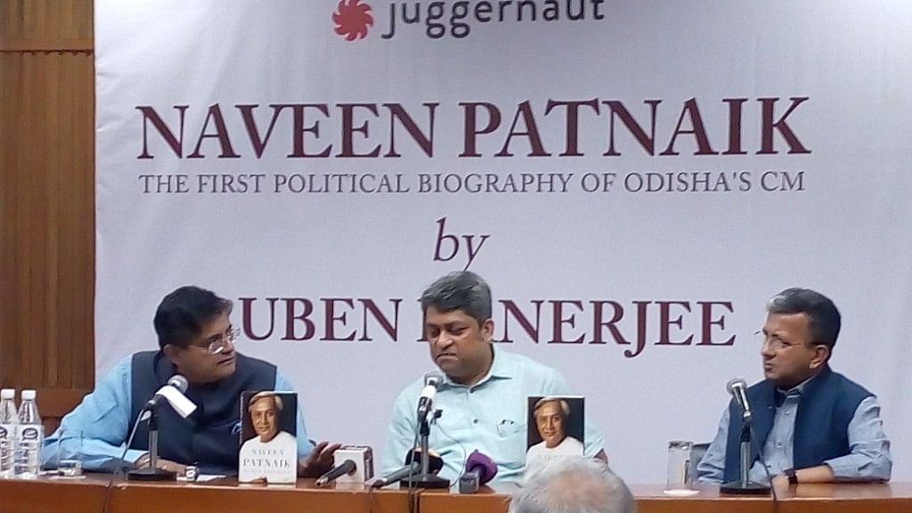 Author Ruben Banerjee (extreme right) in conversation with former BJD leader Baijayant ‘Jay’ Panda (left) and Rajesh Mahapatra.