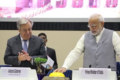 New Delhi: Prime Minister Narendra Modi and United Nations Secretary-General Antonio Guterres at the second Global RE-Invest - investment summit in New Delhi on Oct 2, 2018. (Photo: Amlan Paliwal/IANS)
