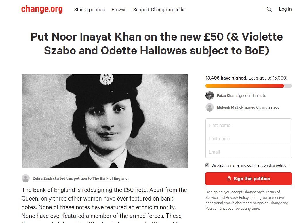 A petition demanding that British war hero Noor Inayat Khan’s name be featured on the new £50 note has been started.