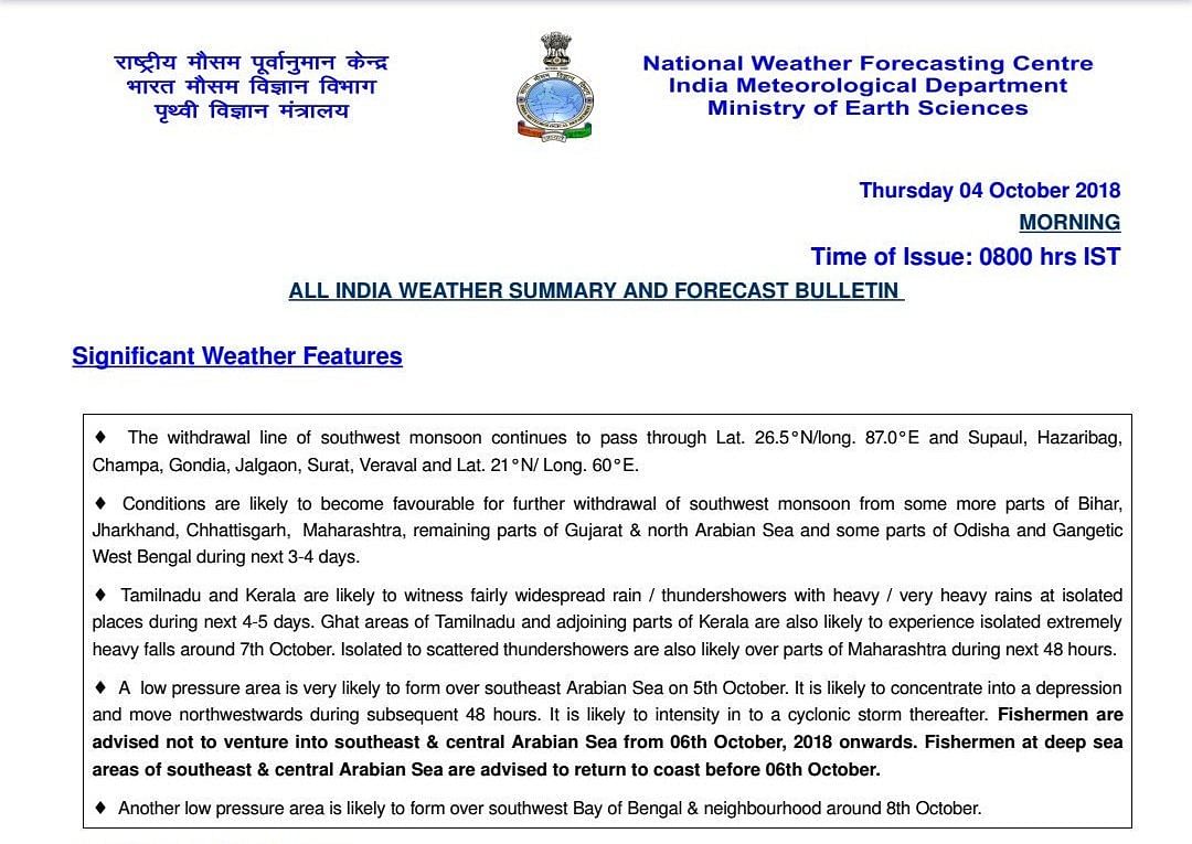 The IMD will also issue a warning for fishermen on 6-7 October.