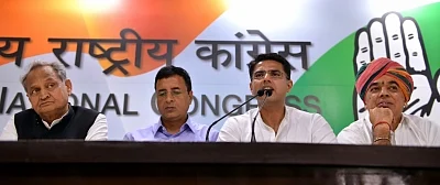 New Delhi: Congress leaders Ashok Gehlot, Randeep Surjewala and Sachin Pilot with Former Rajasthan BJP MLA Manvendra Singh - the son of BJP veteran and former Union Minister Jaswant Singh - during a press conference where he joined Congress in New Delhi, on Oct 17, 2018. (Photo: IANS)