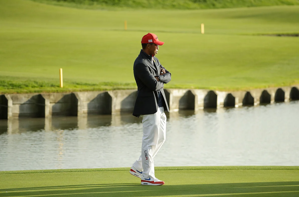 Tiger Woods of the US attends the closing ceremony after Europe won the Ryder Cup.