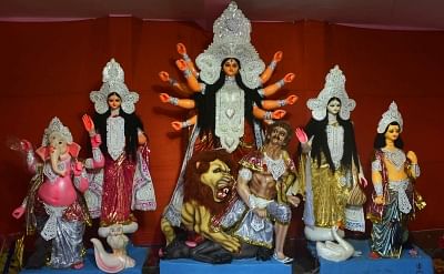 Kolkata: An idol of Goddess Durga at a Barasat pandal, in Kolkata on Oct 14, 2018. (Photo: IANS)