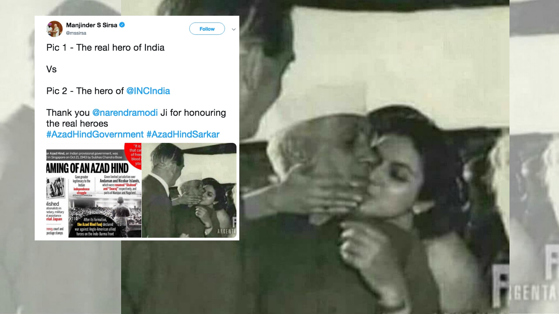 In the picture tweeted by Sirsa, Nehru is being given a kiss by his niece Nayantara Sehgal on his arrival at London airport in 1955.
