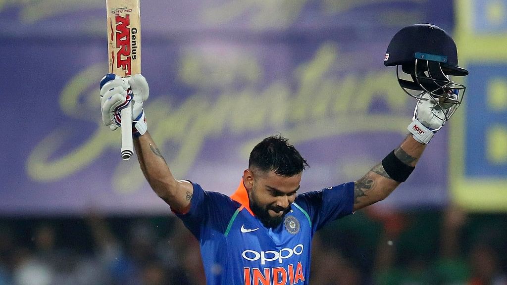Virat Kohli after reaching his century against West Indies in the first ODI at Guwahati on Sunday.&nbsp;