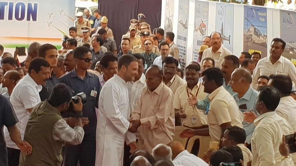 Rahul Gandhi meets a gathering of former and current HAL employees in Bengaluru.