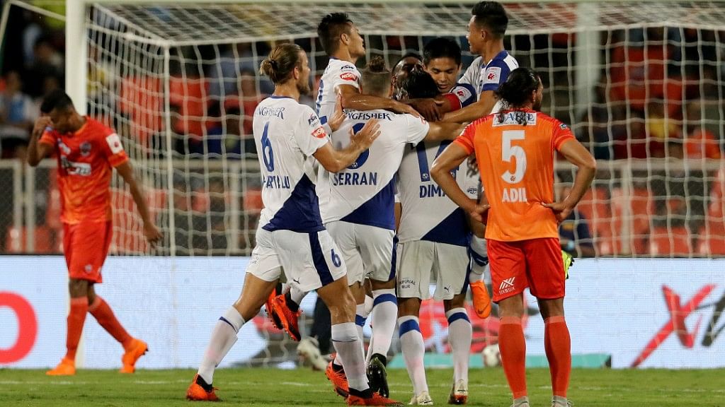 Bengaluru FC players celebrate their first victory on the road against FC Pune City in at Shree Shiv Chhatrapati Sports Complex Stadium in Pune.