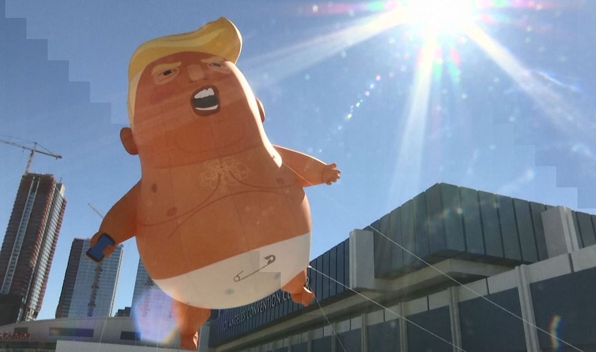 The blimp was floated at the Los Angeles Convention Center, prompting people to stop and take pictures.