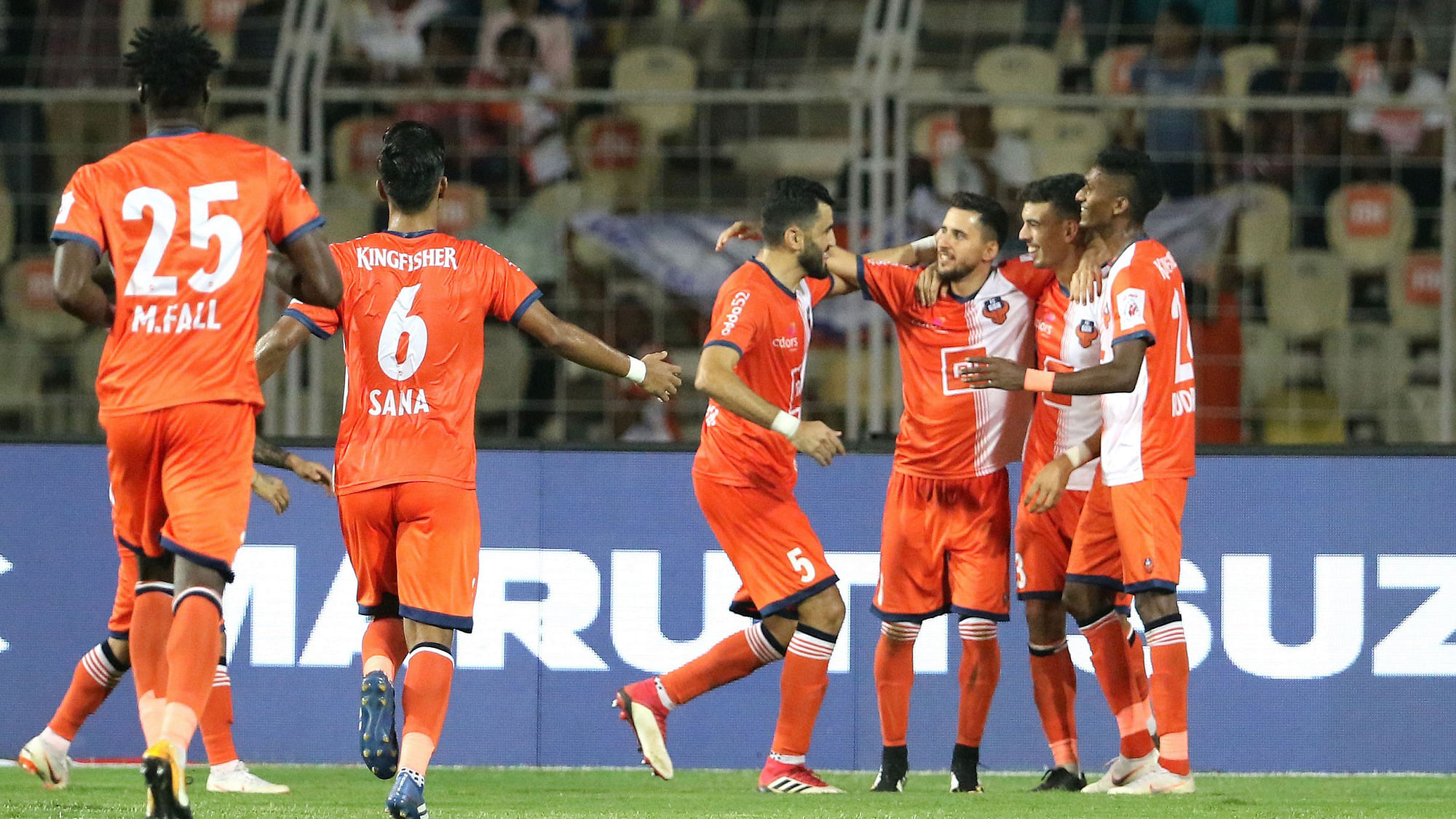 FC Goa players celebrate their glorious win with 5-0 against Mumbai City FC in Hero ISL at home ground.
