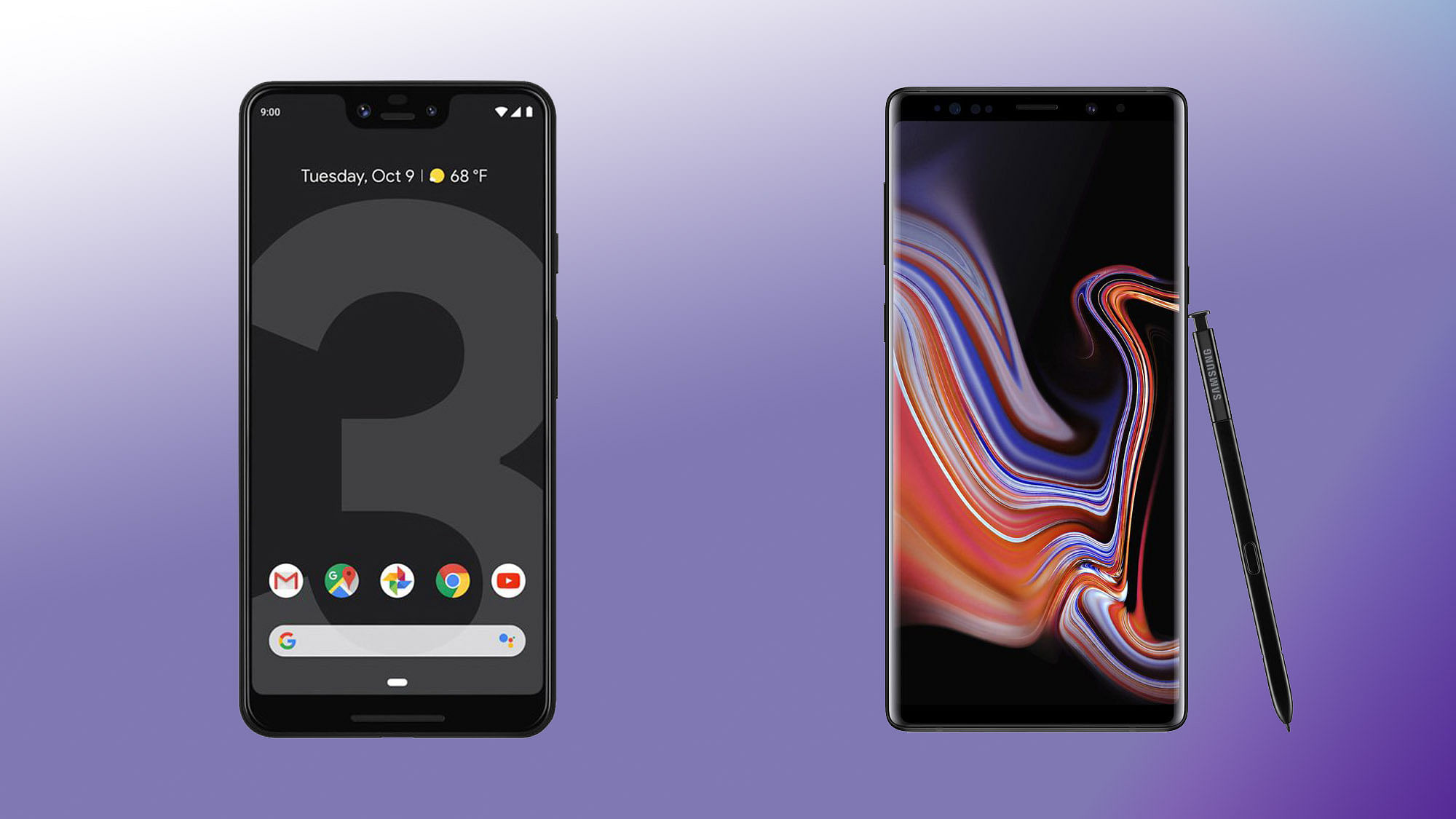 Google Pixel 3 XL (left) goes up against the Samsung Galaxy Note 9 (right)