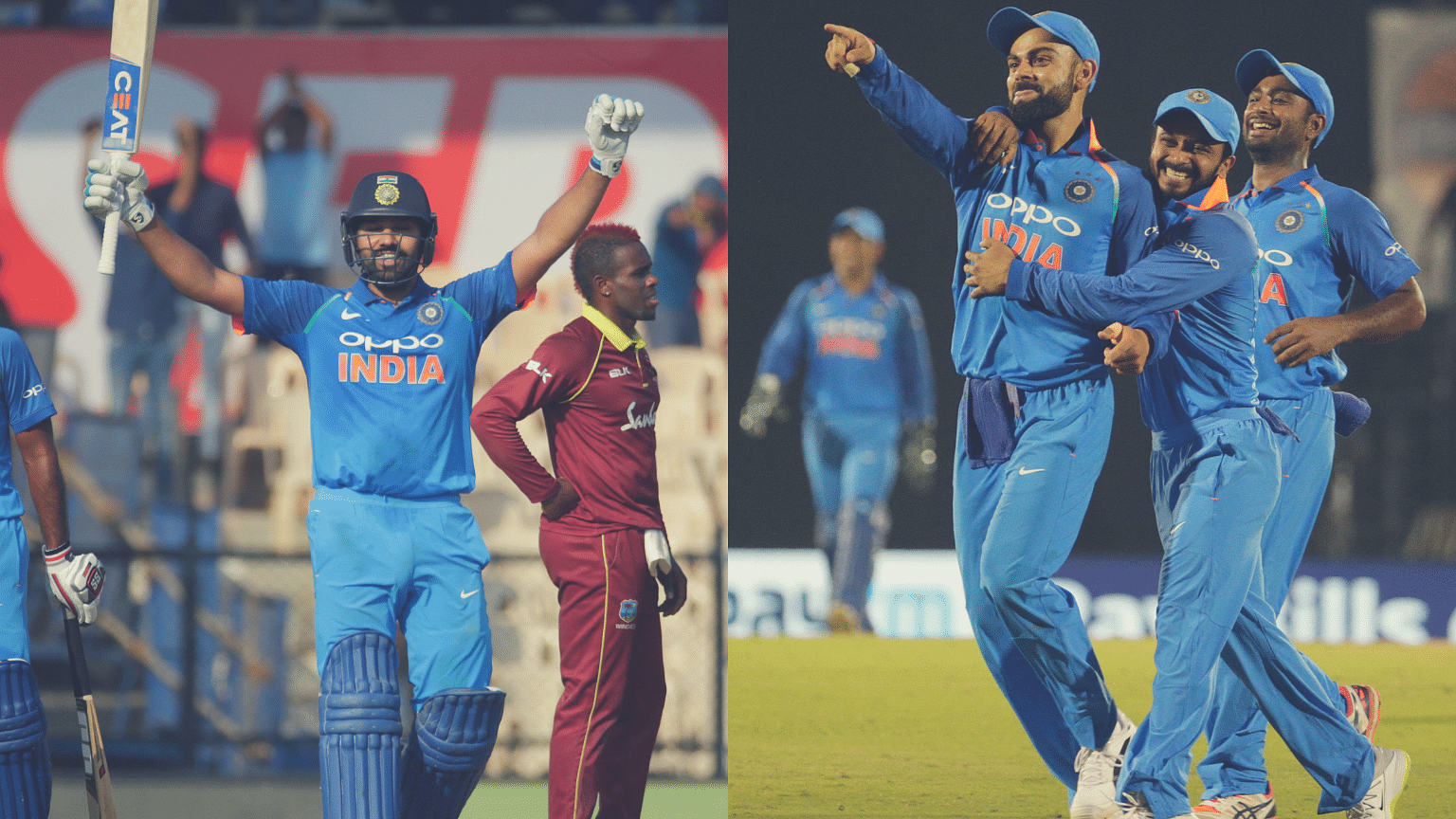 India’s Rohit Sharma celebrating his 21st ODI century (left) and Virat Kohli &amp; teammates after fall of a Windies wicket in Mumbai on Monday