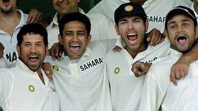 Anil Kumble with India teammates VVS Laxman, Rahul Dravid, Sachin Tendulkar, Yuvraj Singh and Virender Sehwag.