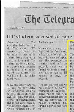 The clipping of the newspaper claimed a 19-year-old Arvind Kejriwal had raped a woman at IIT Kharagpur. 