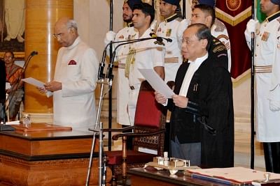 New Delhi: President Ram Nath Kovind administers oath of office to Justice Ranjan Gogoi as the 46th Chief Justice of the Supreme Court of India at Rashtrapati Bhavan in New Delhi on Oct 3, 2018. (Photo: IANS/RB)