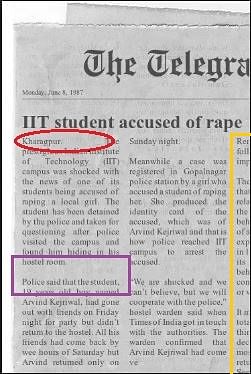 The clipping of the newspaper claimed a 19-year-old Arvind Kejriwal had raped a woman at IIT Kharagpur. 