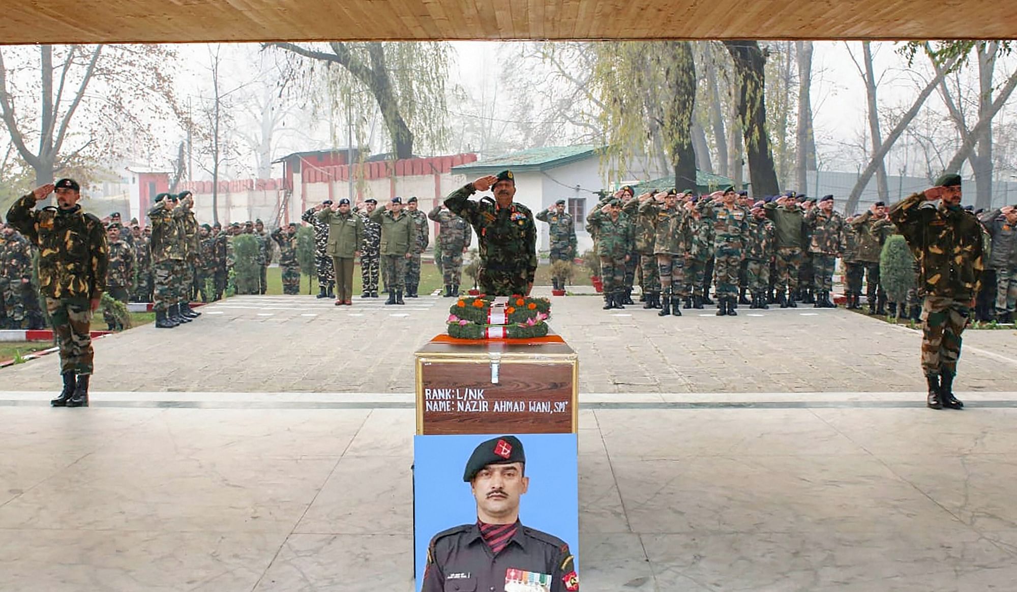 Army personnel pay tribute to Lance Naik Nazir Ahmad Wani of 34 RR, who lost his life while fighting terrorists in Shopian, South Kashmir.