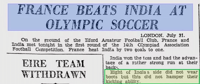 Did lack of financial support by Nehru government force Indian football team to play barefoot in 1948 Olympics?  