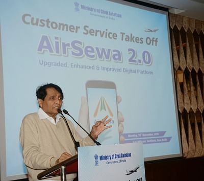 New Delhi: Union Commerce and Industry and Civil Aviation Minister Suresh Prabhu addresses at the launch of the AirSewa 2.0 - Upgraded Web Portal and Mobile App for air passengers, in New Delhi, on Nov 19, 2018. (Photo: IANS/PIB)
