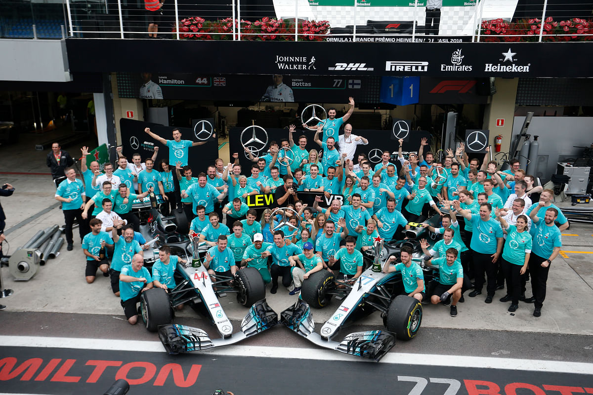 Mercedes clinched a fifth successive F1 Constructors’ Championship title with Lewis Hamilton’s win at the Brazil GP.